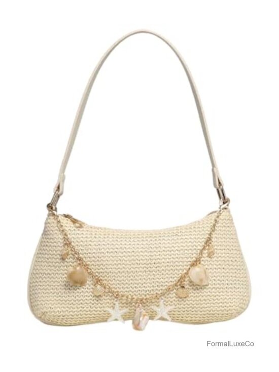 Handbags - Boho Seashell Beaded Straw Clutch Purse Summer Woven Shoulder Bag